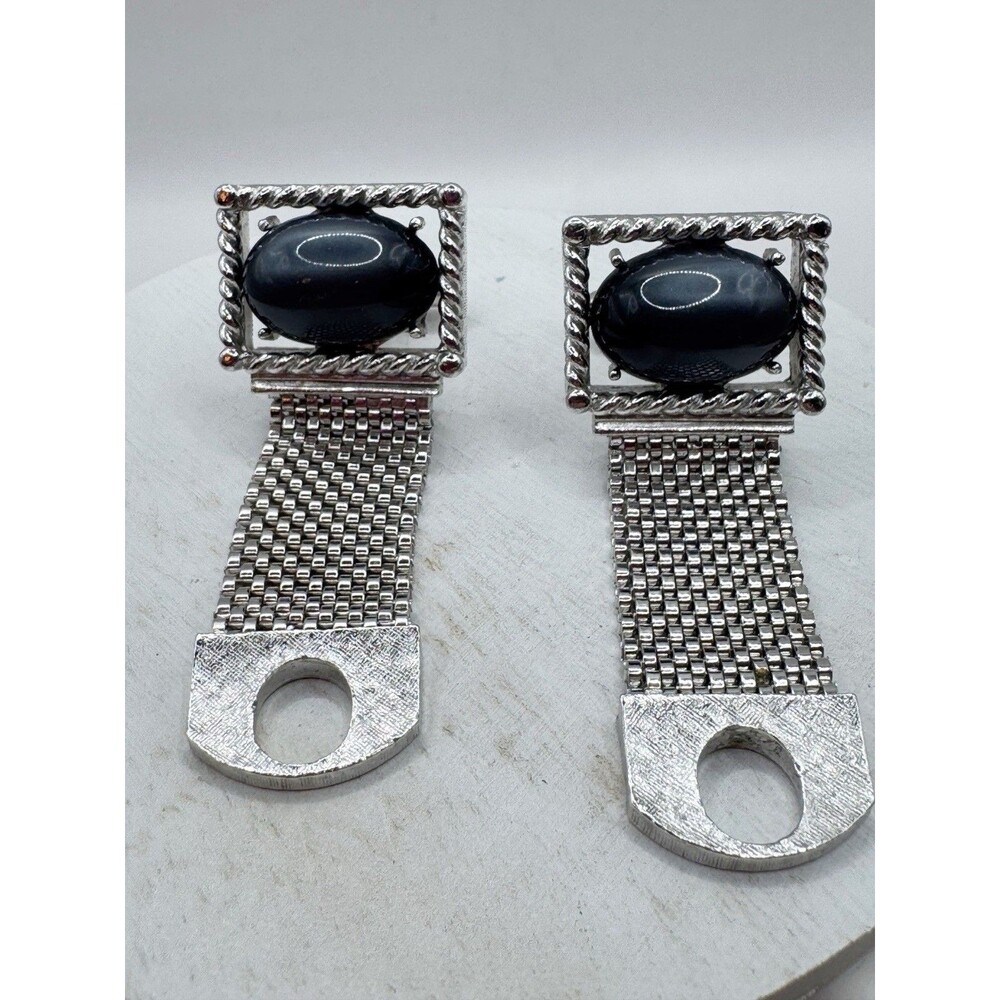 Vtg Swank Silver Tone Rectangular Grey Moonglow Oval Cabochon Mesh Cufflinks